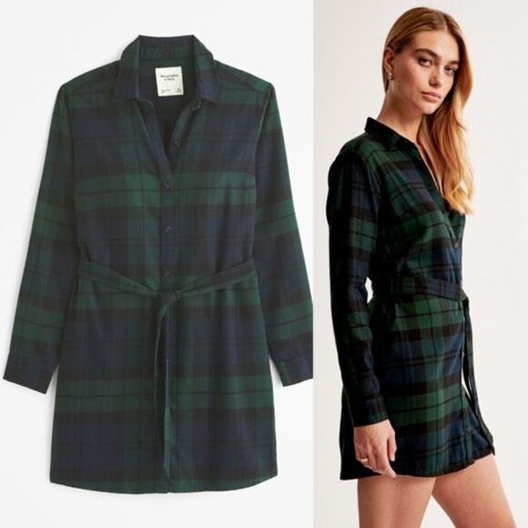 Abercrombie & Fitch A&F Navy Plaid Flannel Belted Shirt Dress Small Soft Preppy - Picture 1 of 9